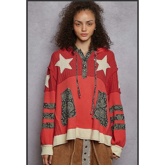 POL Tops - POL. ❤️ Candy Red Star Patchwork Thermal Hoodie